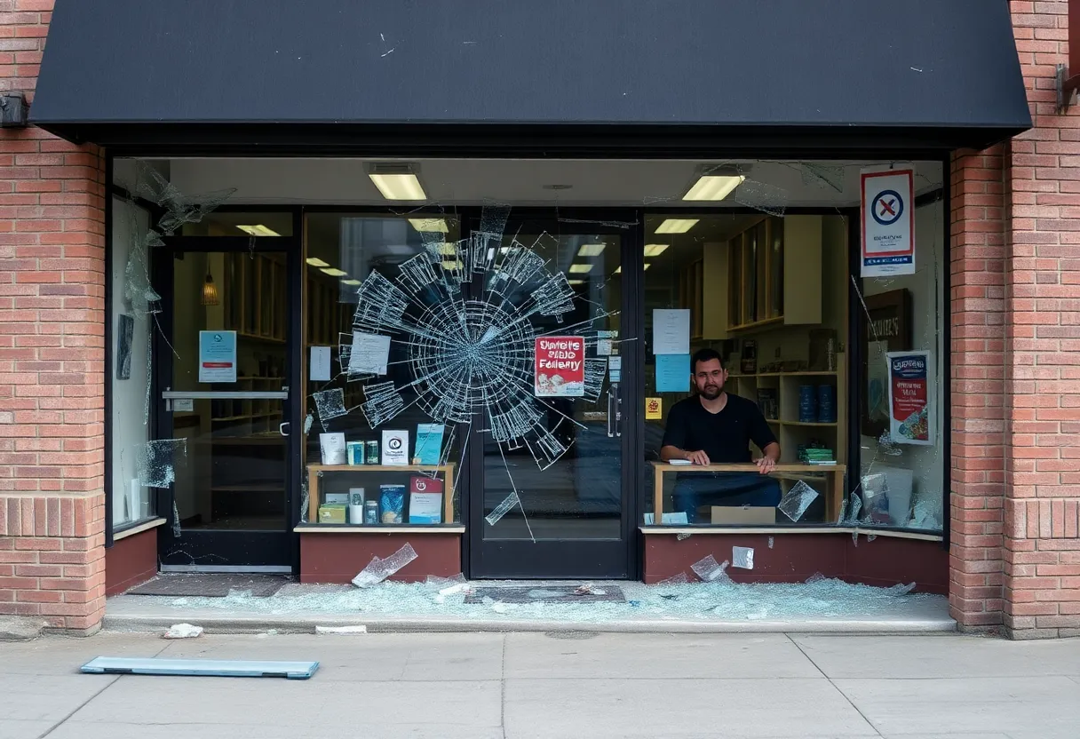 Broken storefront of Tapestry Inc. with shattered glass and damages