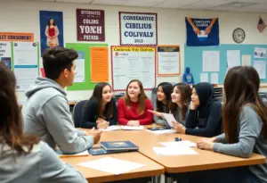 Students engaging in dialogue about civic engagement and conservative topics in the classroom.