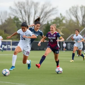 Soccer players competing in a match between UNC Asheville and Charleston Southern University.