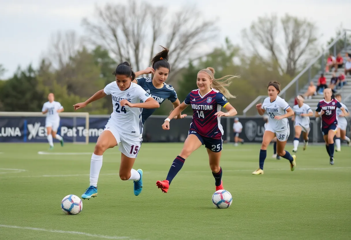 Soccer players competing in a match between UNC Asheville and Charleston Southern University.