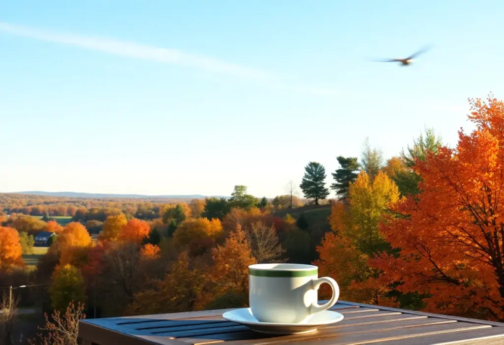 A clear autumn morning in Clinton, SC, with fall colors and a coffee on the porch.