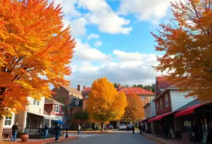 Colorful autumn scene in Clinton, SC with people outdoors