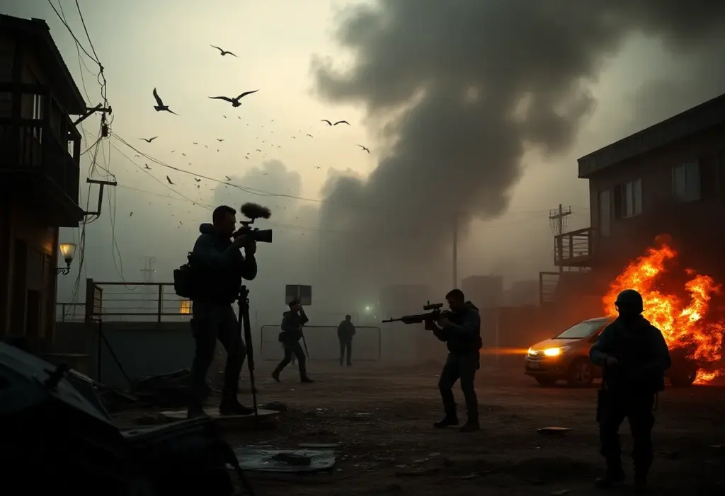 A symbolic representation of media integrity and oversight failures in a warzone context.