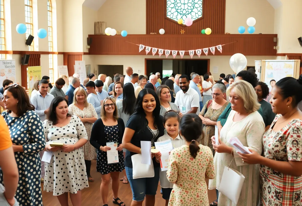 Families at the Bundles of Joy Community Baby Shower surrounded by baby items and educational resources.