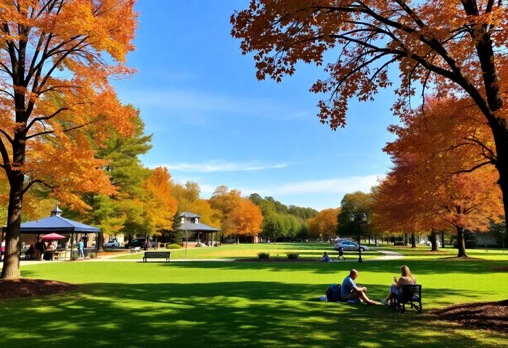 A scenic view of Clinton SC in autumn under clear skies with people enjoying outdoor activities.