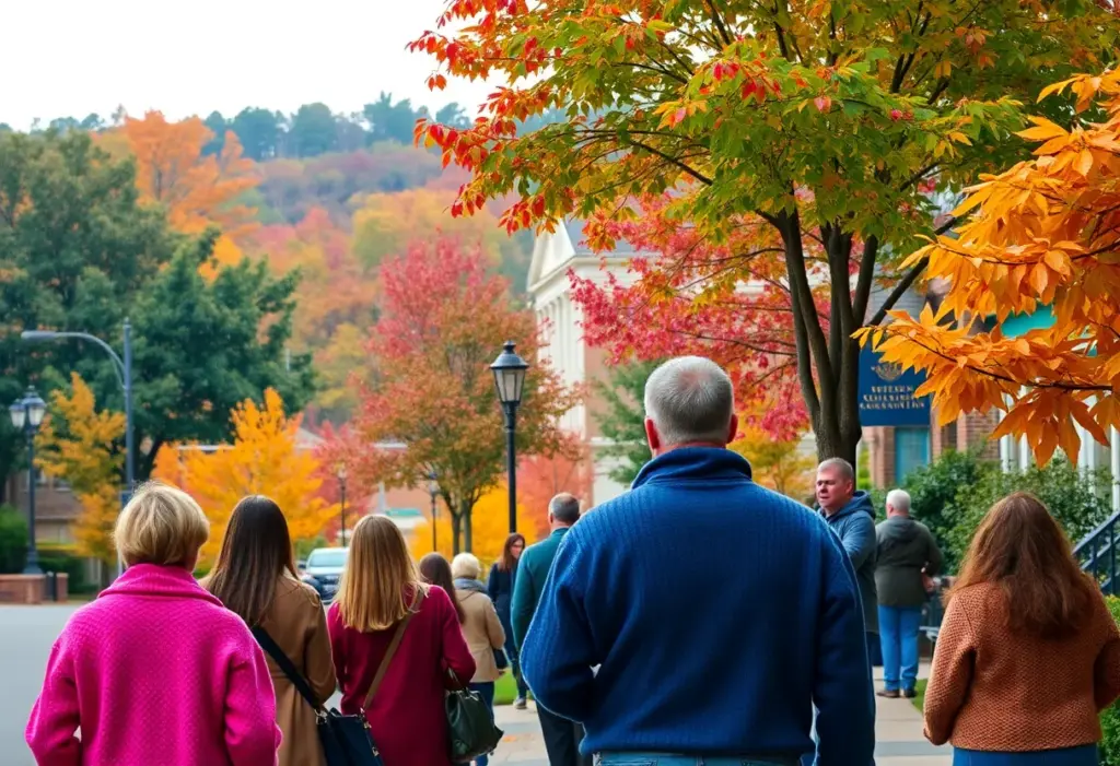 Colorful autumn scene in Clinton South Carolina with light drizzle