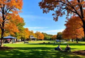 A scenic view of Clinton SC in autumn under clear skies with people enjoying outdoor activities.