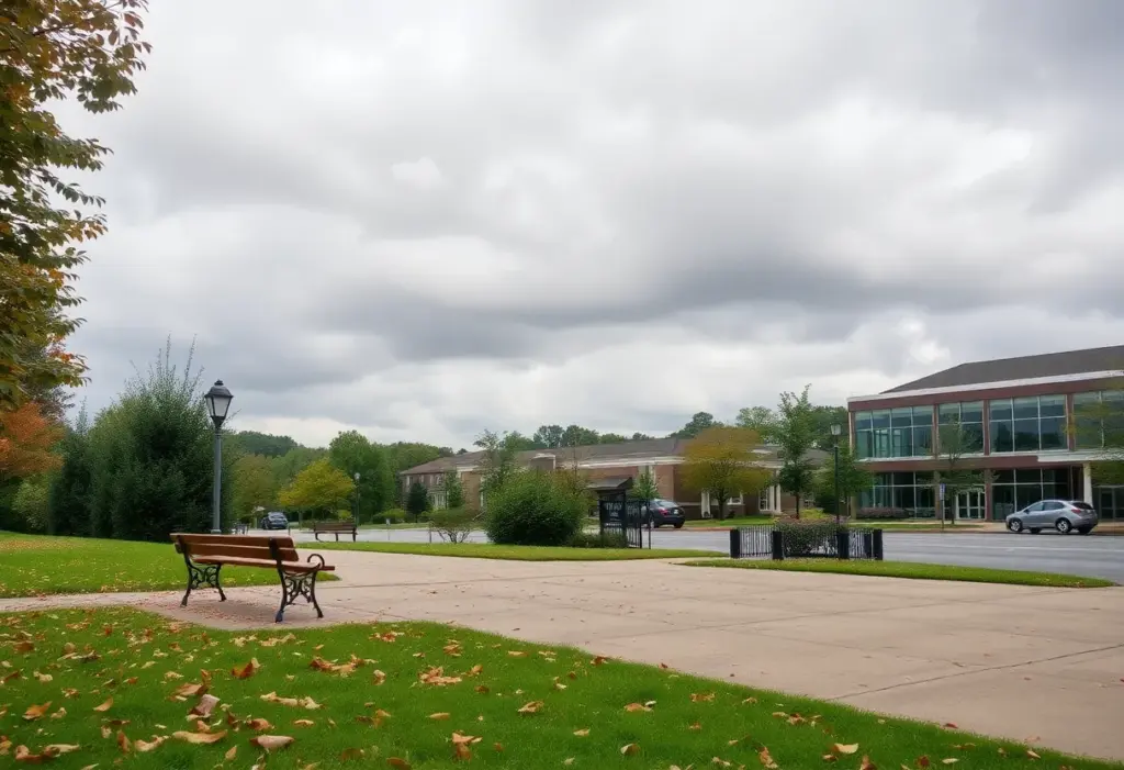 A cloudy day in Clinton, SC with a park bench and autumn leaves
