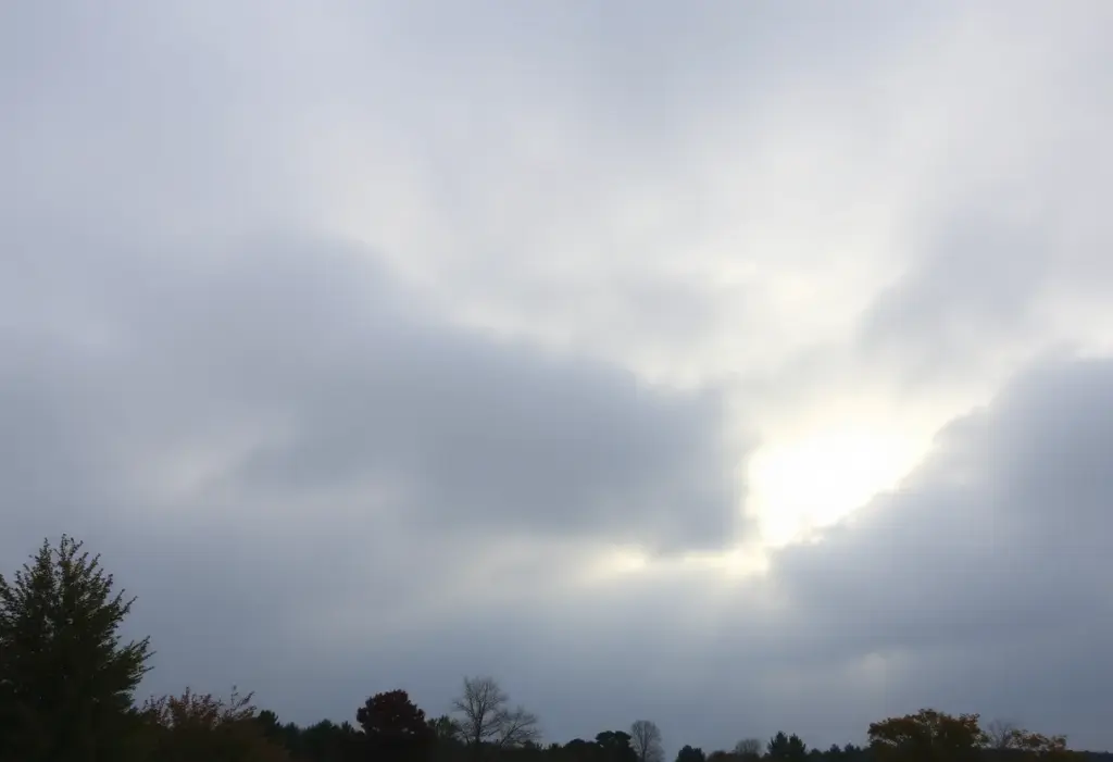 A cloudy morning in Clinton, SC with soft gray clouds and autumn leaves