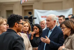 A gathering of people discussing political issues amidst media coverage