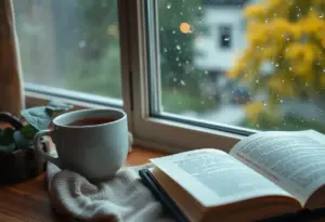 Indoor scene with a cup of tea and a book on a rainy day