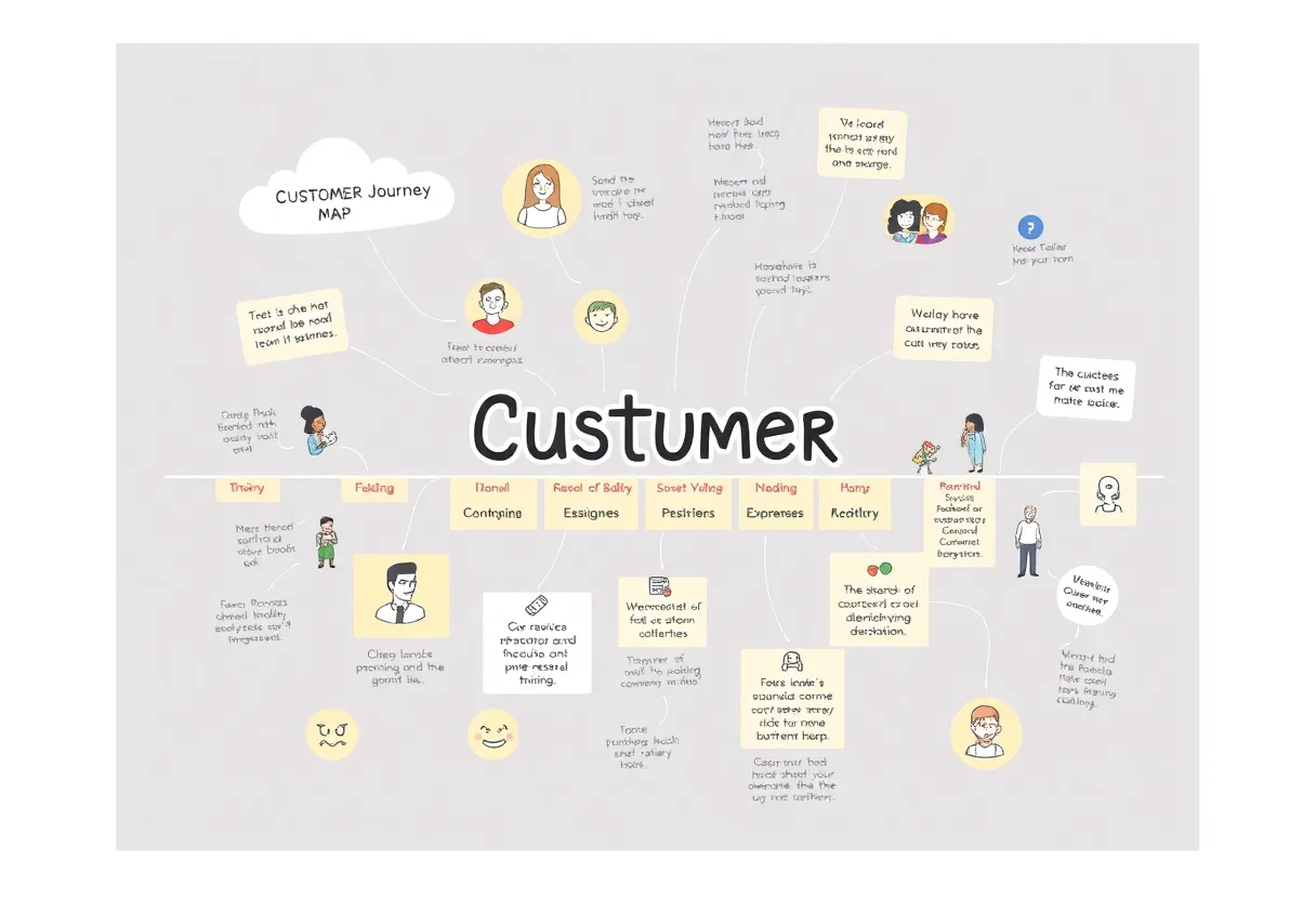 Illustration depicting a customer journey map with touchpoints and emotions.