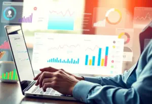 Business professional using data analytics for social media marketing strategy