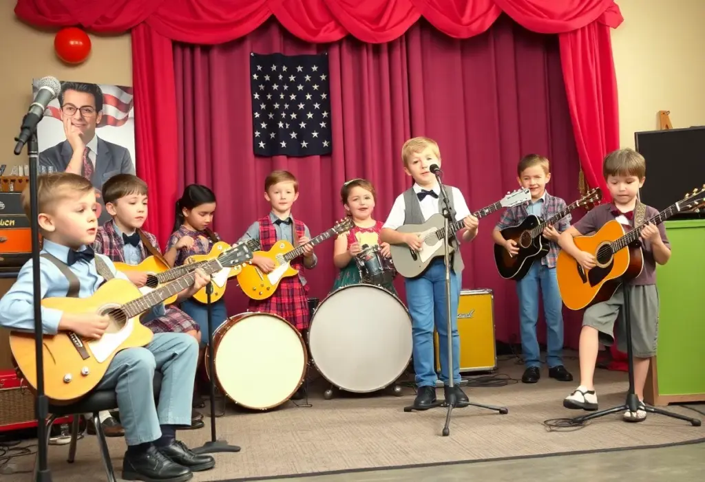 Child band performing on stage in the 1950s