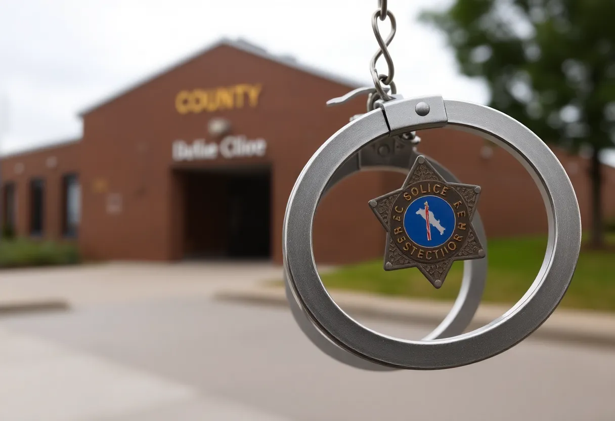 Law enforcement badge and handcuffs symbolizing arrests