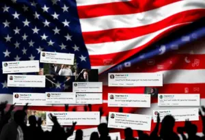 An abstract collage illustrating political tension surrounding freedom of speech.