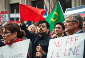 Depiction of a tense political atmosphere with divided crowds.