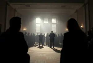 A dramatic representation of political tension following an assassination.