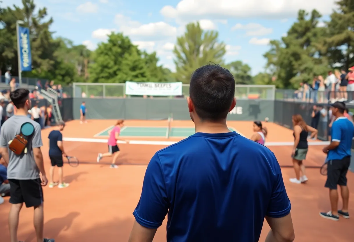 Players competing in a college tennis match at the ITA Carolina Regional.