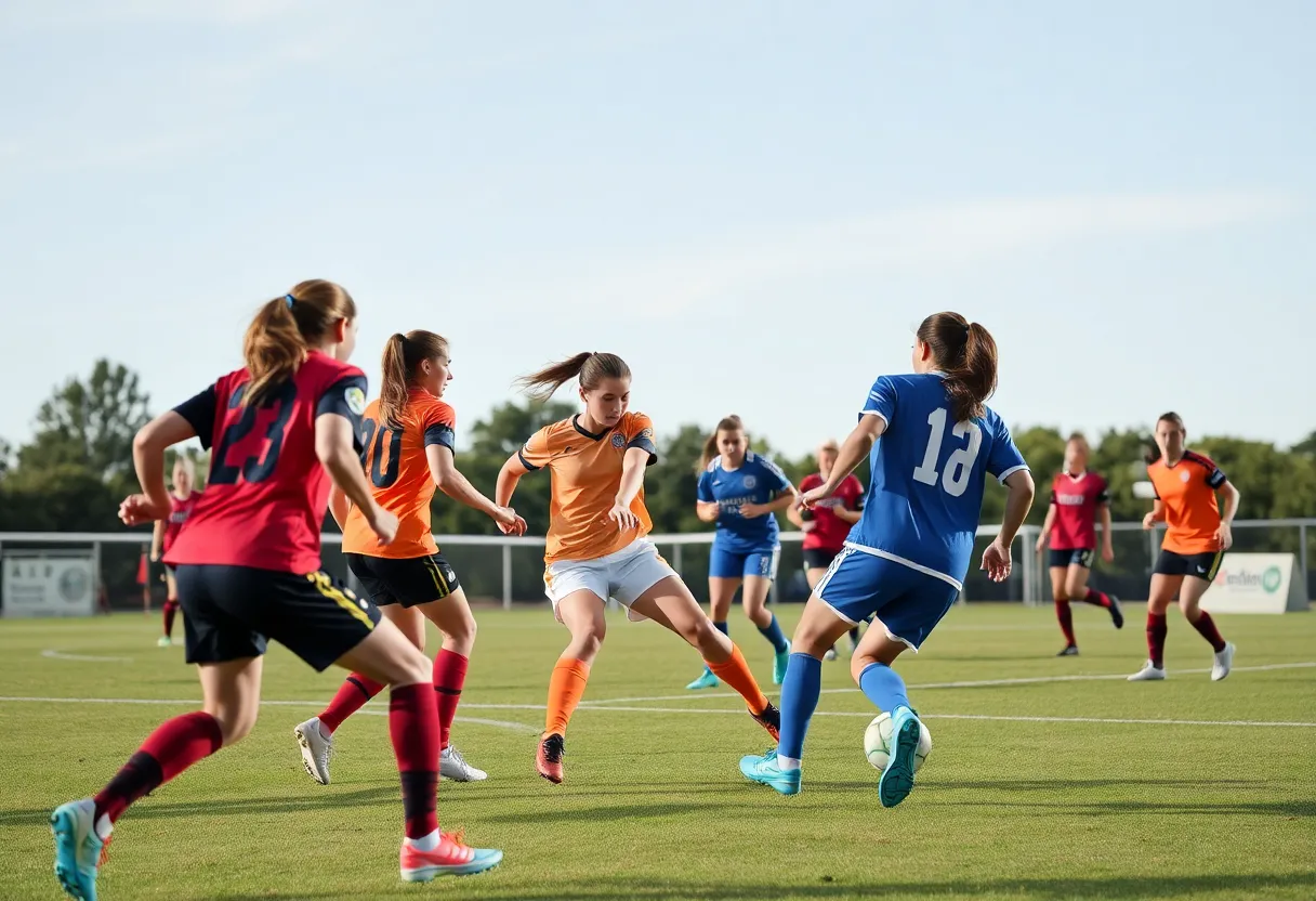 Action shot from a women's soccer match between Presbyterian College and High Point.
