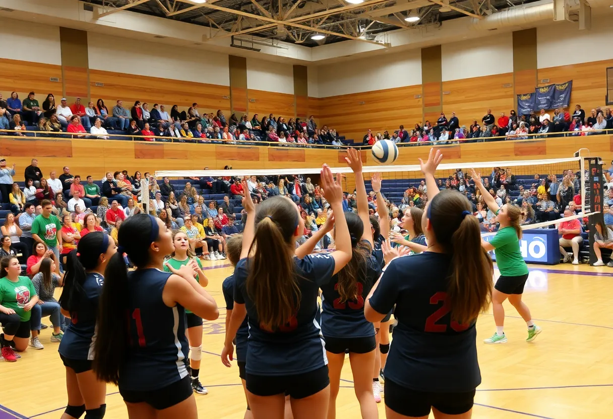 A volleyball match featuring Presbyterian College team at Templeton Center.