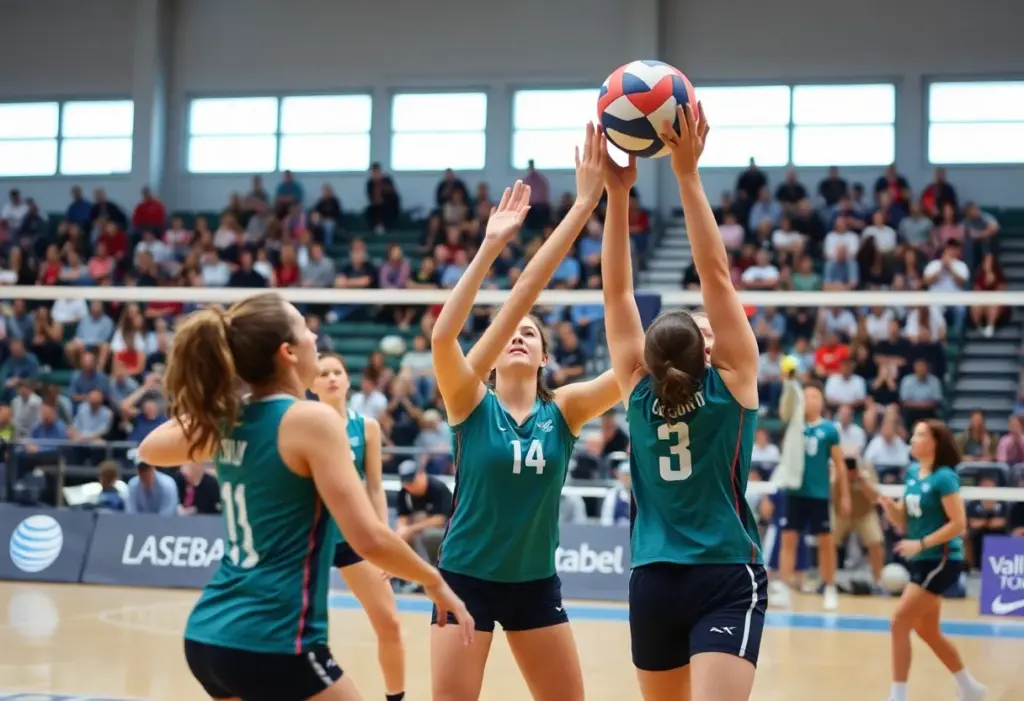Volleyball players competing during a match