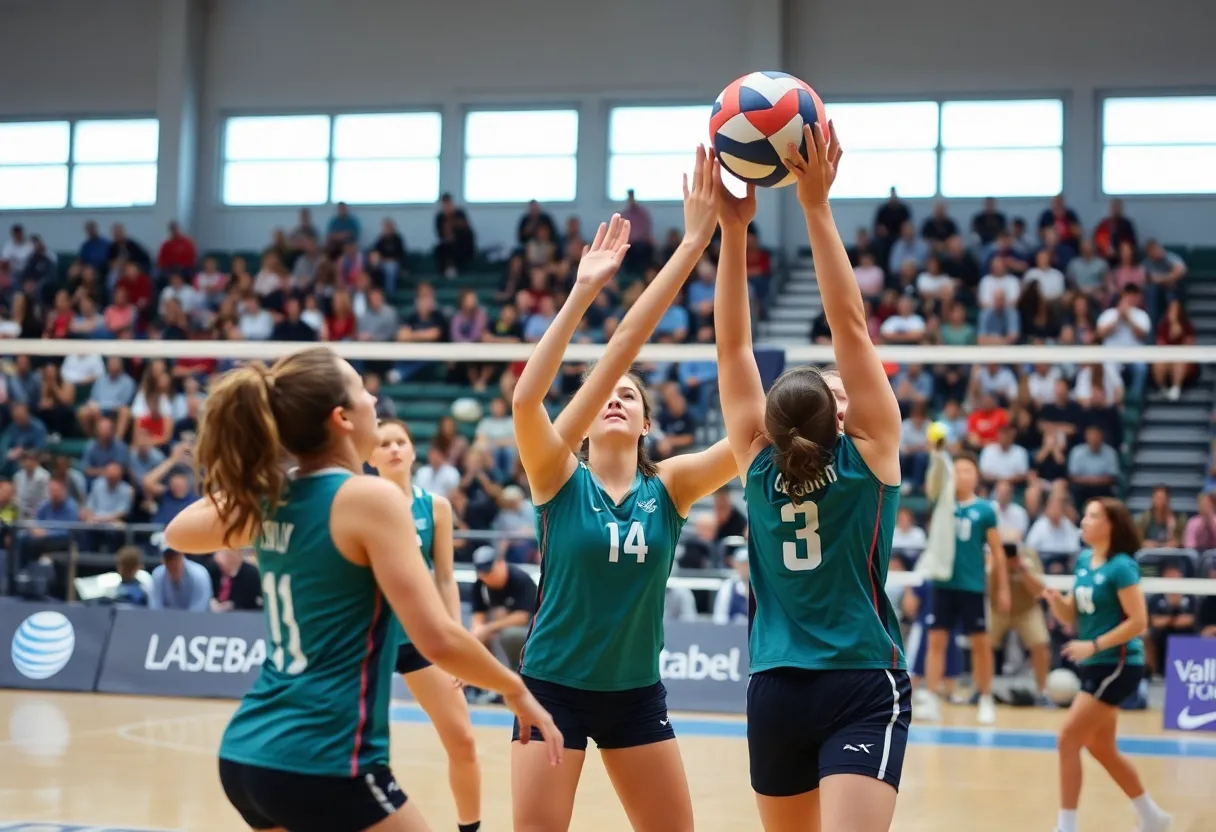 Volleyball players competing during a match