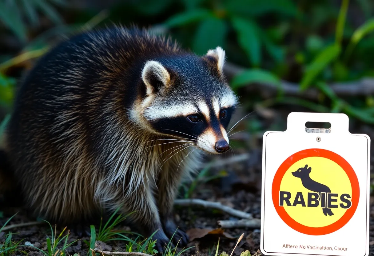 Raccoon with rabies warning sign