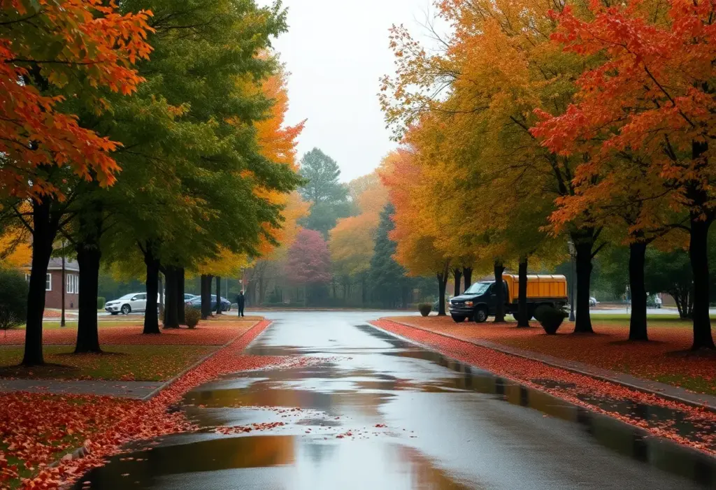 Rainy autumn day scene in Clinton, South Carolina, with colorful leaves and puddles.