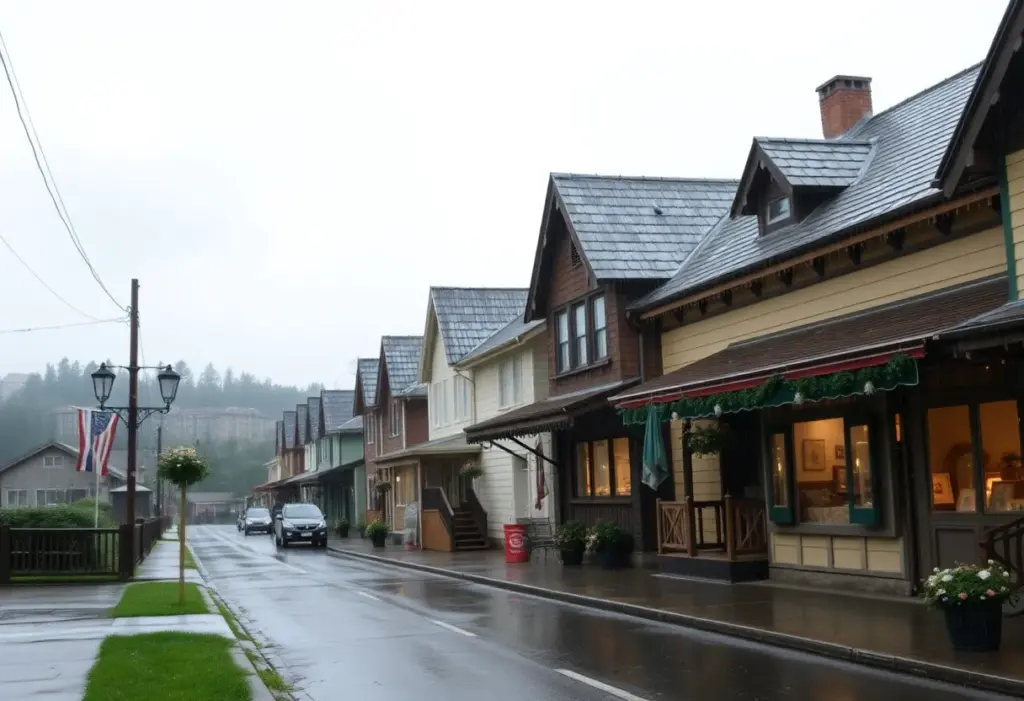 Overcast weather and rain in Clinton, SC, showcasing a quiet street and residents with umbrellas.