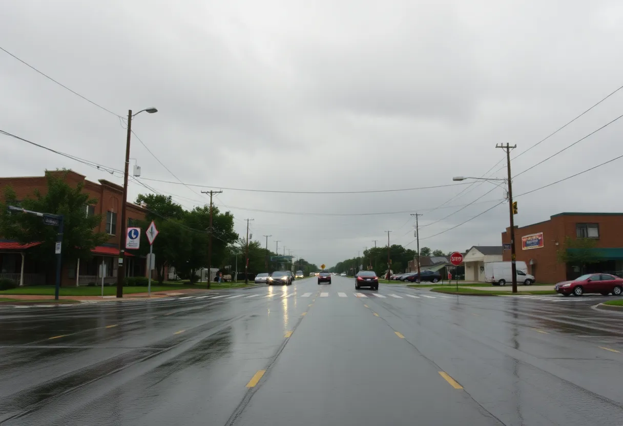 Rainy weather in Laurens County with wet streets and cloudy skies