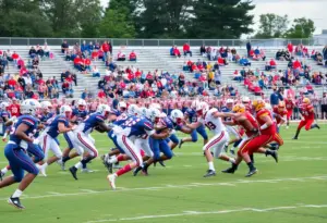 High school football players in action during a game in South Carolina.