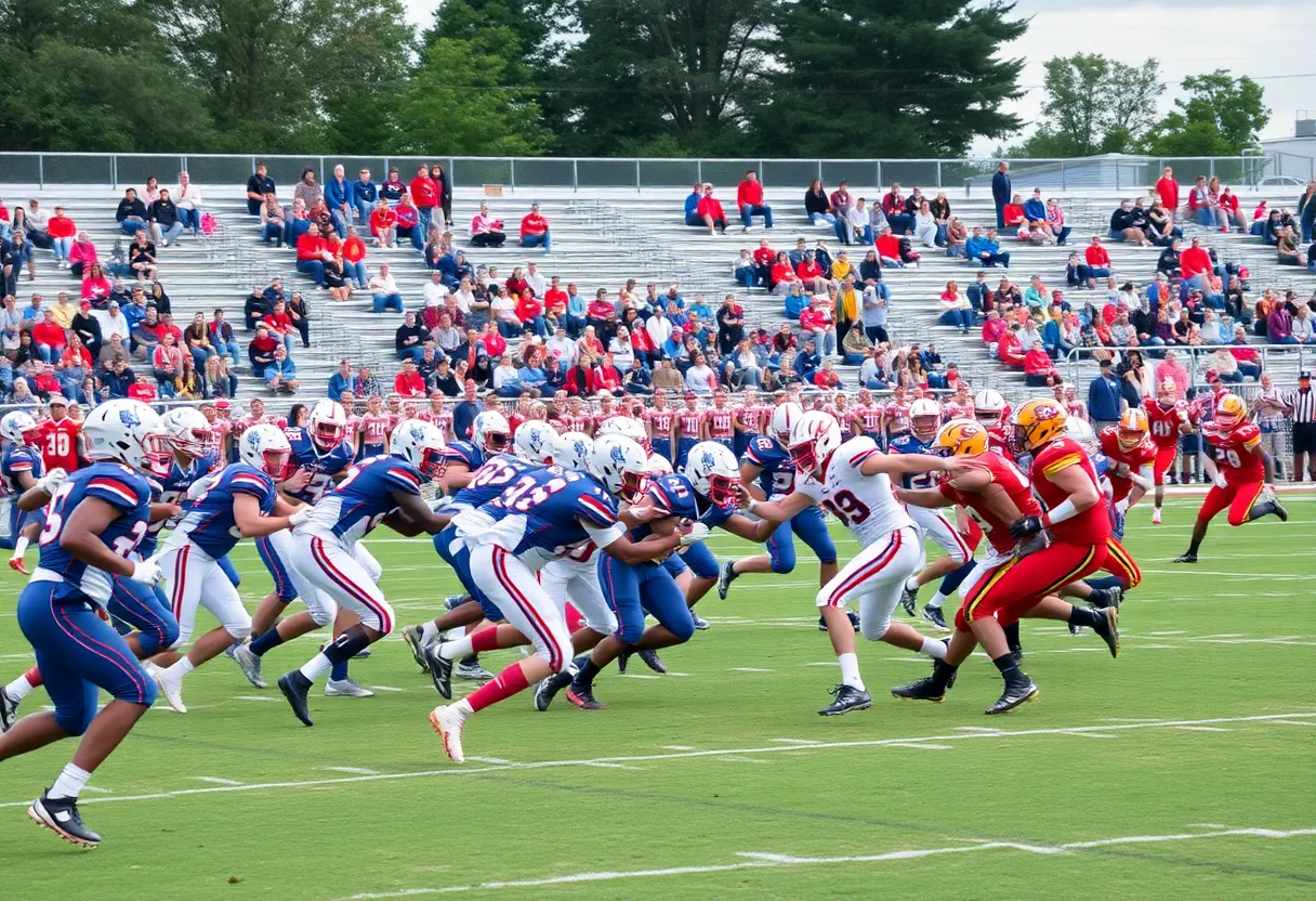 High school football players in action during a game in South Carolina.