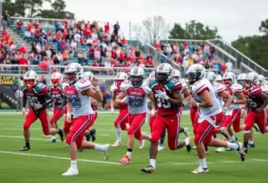 High school football game in South Carolina with players and fans