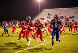 Players from a South Carolina high school football team competing on the field.