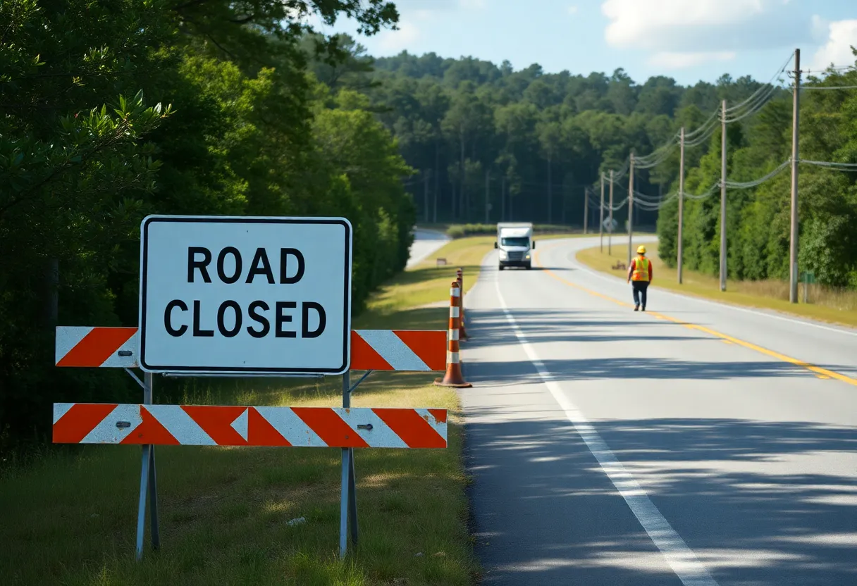 Construction workers at a road closure site in Spartanburg County