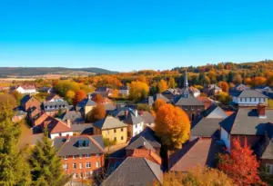 Colorful autumn scene in Clinton SC with clear blue skies