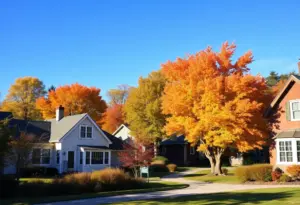 A bright sunny day in Clinton, South Carolina with clear skies and autumn foliage.