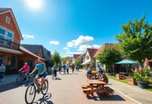 A sunny day in Clinton SC with clear skies and residents enjoying outdoor activities.