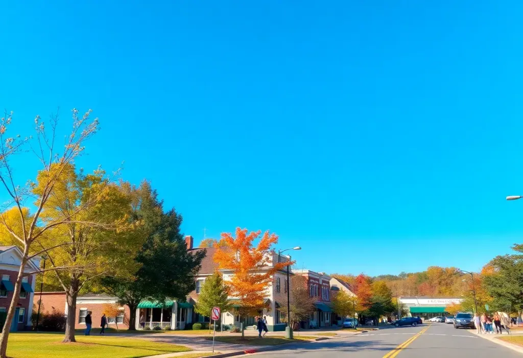 Clear skies and fall leaves in Clinton, South Carolina