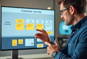 Professional analyzing customer journey maps on a screen