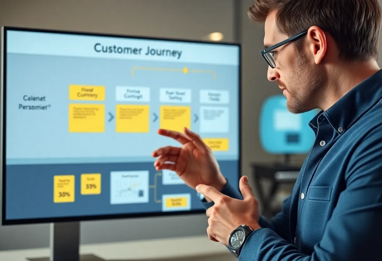 Professional analyzing customer journey maps on a screen