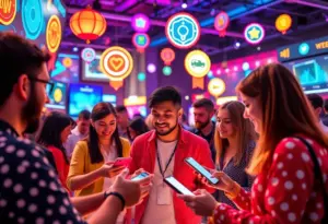 A colorful representation of gamification in digital marketing with badges and rewards.