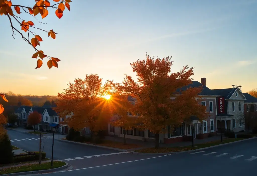 A sunny morning in Clinton, SC with autumn leaves