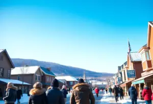 Winter morning in Clinton SC with clear sky and people in warm clothing