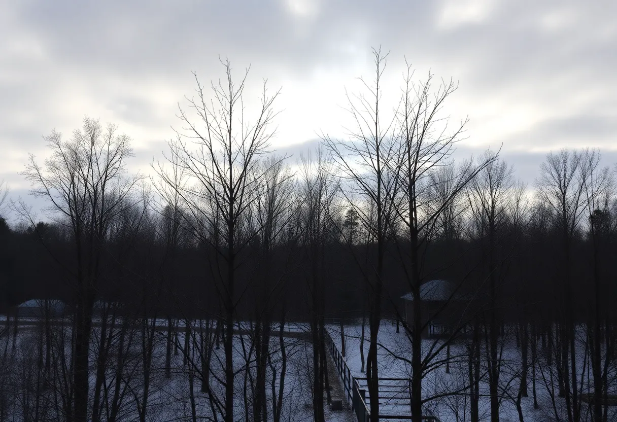 Chilly winter landscape in Clinton, SC showing cloudy skies and bare trees.