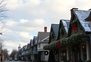 Festive decorations and partly cloudy sky in Clinton, SC on Christmas Day