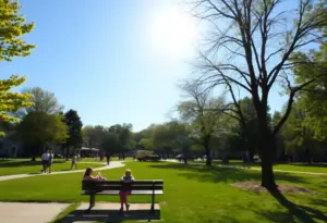 Sunny day in Clinton SC park with clear skies and people enjoying activities