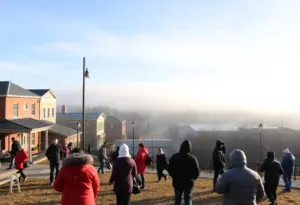Winter scene in Clinton, South Carolina with clear skies and bundled up people