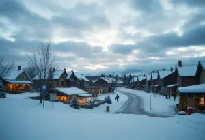 Winter weather in Clinton, SC with cloudy skies and holiday decorations